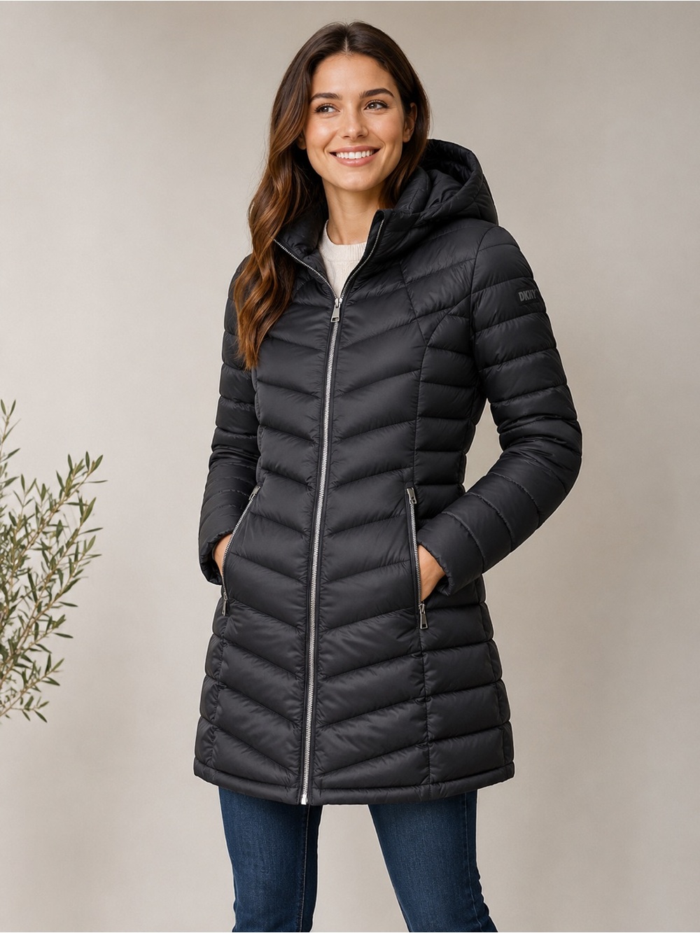 🔹 DKNY Black Long Chevron Quilted Hooded Puffer Coat Women’s Small EUC